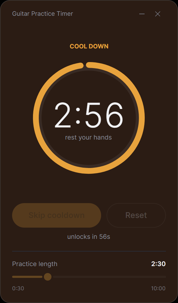 The timer during the cooldown: the whole window has shifted to warm amber, the skip button is greyed out and the hint reads unlocks in 56s.