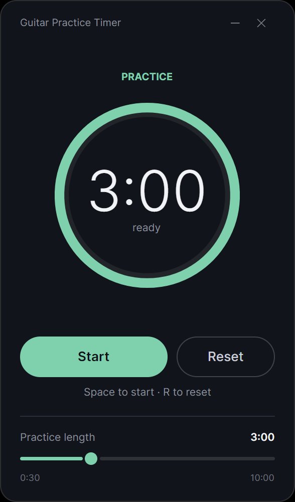 The timer during practice: a mint dial reading 3:00, ready to start.